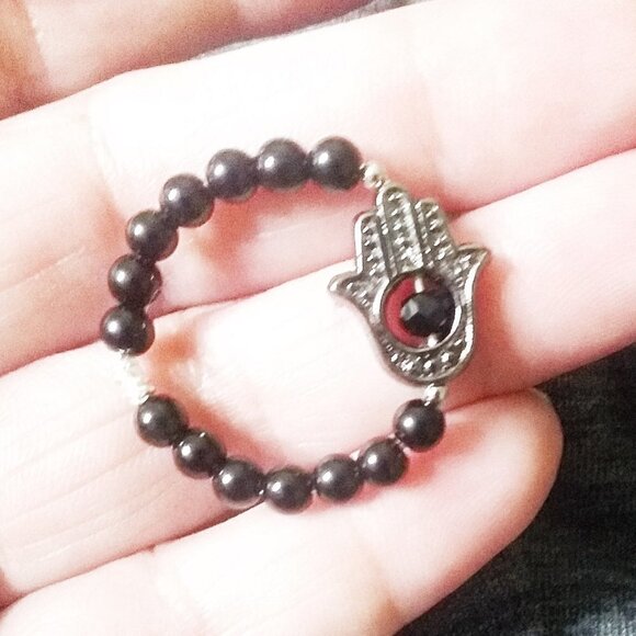 🍂🍁🍃 3/$25!!! Hamsa Hand + Black Stone Beaded Ring! Protections + Blessings! - Picture 5 of 9